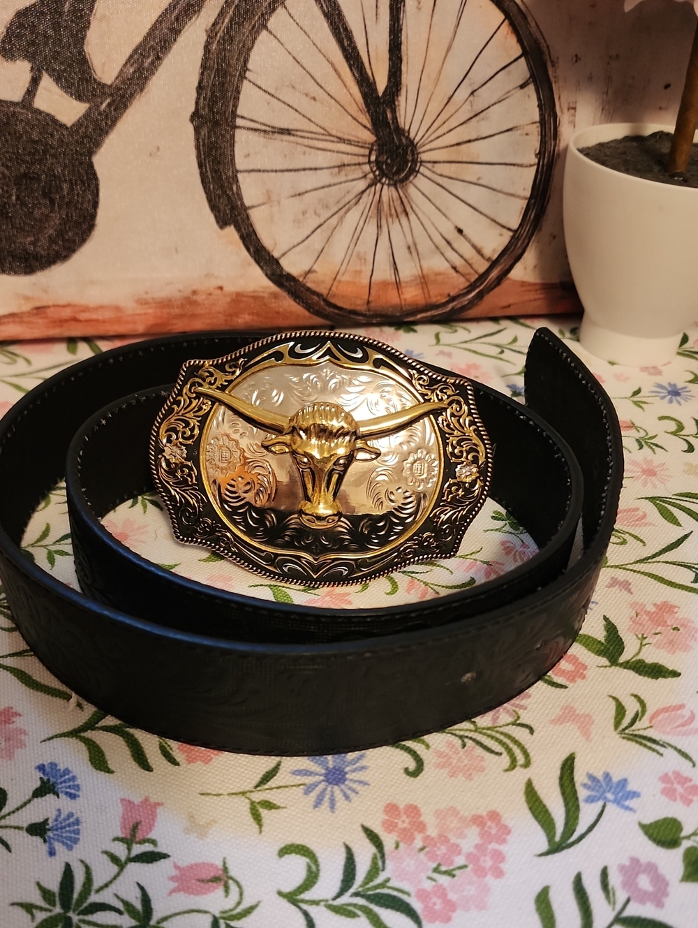 Men's Black Leather Belt with Gold Longhorn Western Buckle